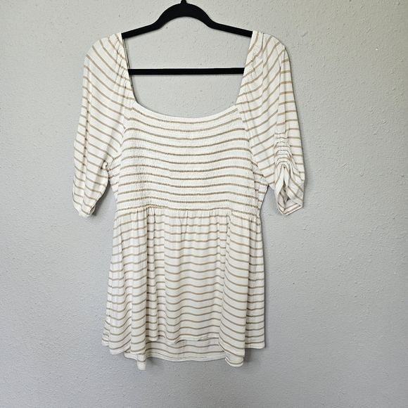 Isabel Maternity Smocked Peasant Shirt Womens XXL Short Sleeve Striped White‎ - Picture 1 of 11